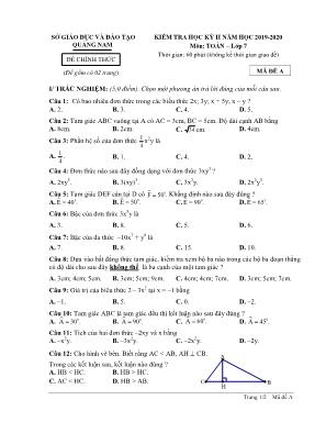 Đề kiểm tra học kì II môn Toán Lớp 7 - Mã đề A - Năm học 2019-2020 - Sở giáo dục và đào tạo Quảng Nam